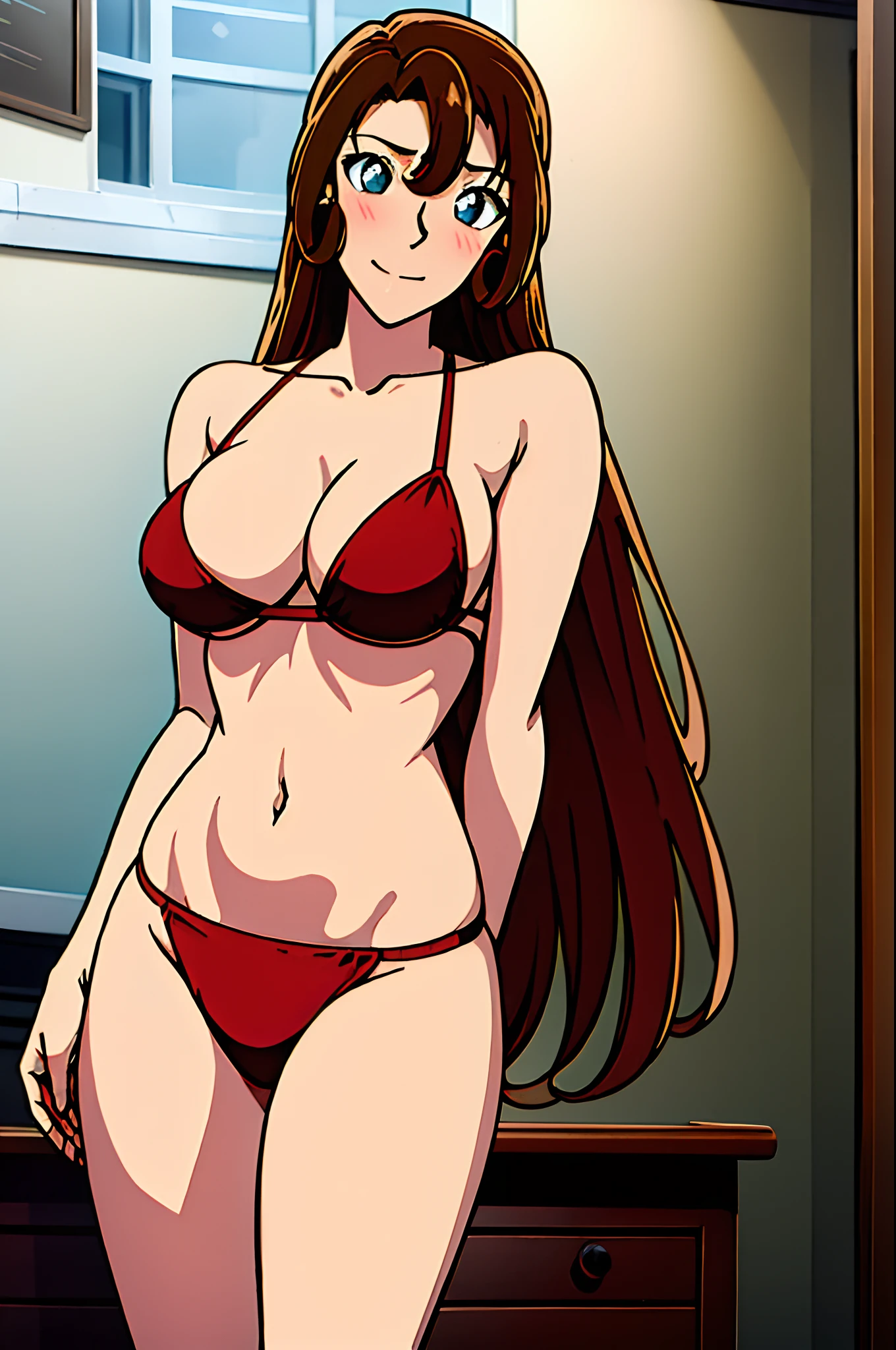 ((masterpiece)),((best quality)),ultra-detailed,illustration,1girl, solo, brown hair, long hair, flower, pants, midriff, crop top, breasts, looking at viewer, cleavage, window, brown eyes, indoors, navel, medium breasts, bikini top, head tilt, knee up, closed mouth, bare shoulders, grey eyes, cloud, bangs, ,Beautiful body, Beautiful Nose, Beautiful character design, perfect eyes, perfect face, alluring, wallpaper, perfect lighting, Colorful, ultra highres,4K,photography, (medium breasts:1.2),(beautiful face:1.2),(narrow waist), shiny skin, anime screencap, mature female, full body, meitantei conan, standing, ((milf)), 37 years old