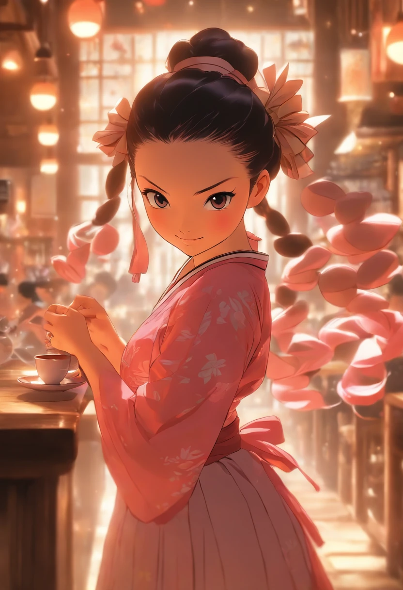 Nezuko Kamado wearing a pink maid dress, dancing in a coffee shop with a cozy atmosphere. Pink maid dress accentuating her adorable appearance and capturing everyone's attention. Nezuko's elegant movements exude grace and charm. The coffee shop is filled with the rich aroma of freshly brewed coffee, creating a warm and inviting atmosphere. The walls are adorned with beautiful artwork, providing a stylish backdrop. The lighting is soft and warm, casting a gentle glow on Nezuko as she gracefully dances. The barista behind the counter skillfully prepares a variety of specialty coffee drinks, each served with intricate latte art. Customers enjoy their beverages while admiring Nezuko's mesmerizing performance. The space is decorated with cute and delicate ornaments, adding to the whimsical atmosphere. Nezuko's expressive eyes convey joy and passion as she gracefully moves to the rhythm of the music. The color palette is vibrant, with pops of pink and other pastel shades that enhance the cheerful ambiance. The scene is captured in high resolution, showcasing every detail of Nezuko's maid dress and intricate dance moves. The overall aesthetic of the scene is a perfect blend of fantasy and charm, making it a masterpiece to behold.