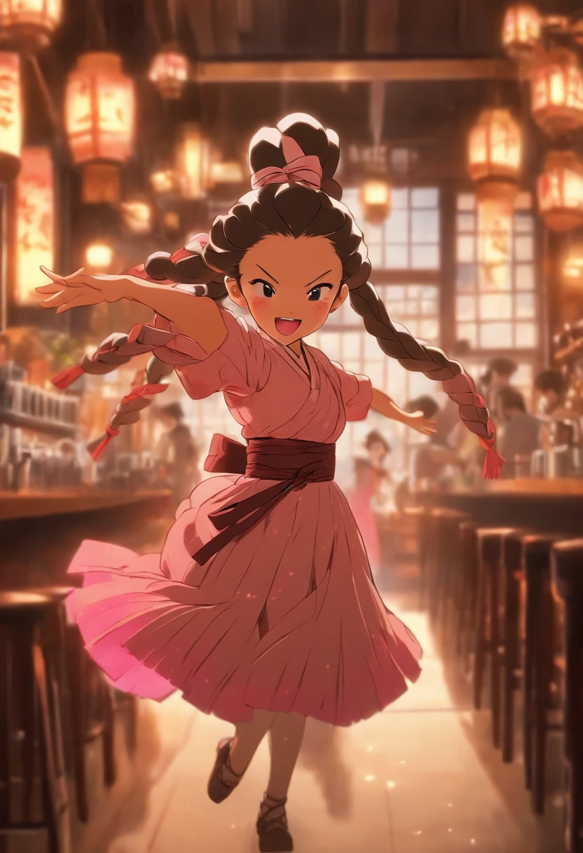 Nezuko Kamado wearing a pink maid dress, dancing in a coffee shop with a cozy atmosphere. Pink maid dress accentuating her adorable appearance and capturing everyone's attention. Nezuko's elegant movements exude grace and charm. The coffee shop is filled with the rich aroma of freshly brewed coffee, creating a warm and inviting atmosphere. The walls are adorned with beautiful artwork, providing a stylish backdrop. The lighting is soft and warm, casting a gentle glow on Nezuko as she gracefully dances. The barista behind the counter skillfully prepares a variety of specialty coffee drinks, each served with intricate latte art. Customers enjoy their beverages while admiring Nezuko's mesmerizing performance. The space is decorated with cute and delicate ornaments, adding to the whimsical atmosphere. Nezuko's expressive eyes convey joy and passion as she gracefully moves to the rhythm of the music. The color palette is vibrant, with pops of pink and other pastel shades that enhance the cheerful ambiance. The scene is captured in high resolution, showcasing every detail of Nezuko's maid dress and intricate dance moves. The overall aesthetic of the scene is a perfect blend of fantasy and charm, making it a masterpiece to behold.