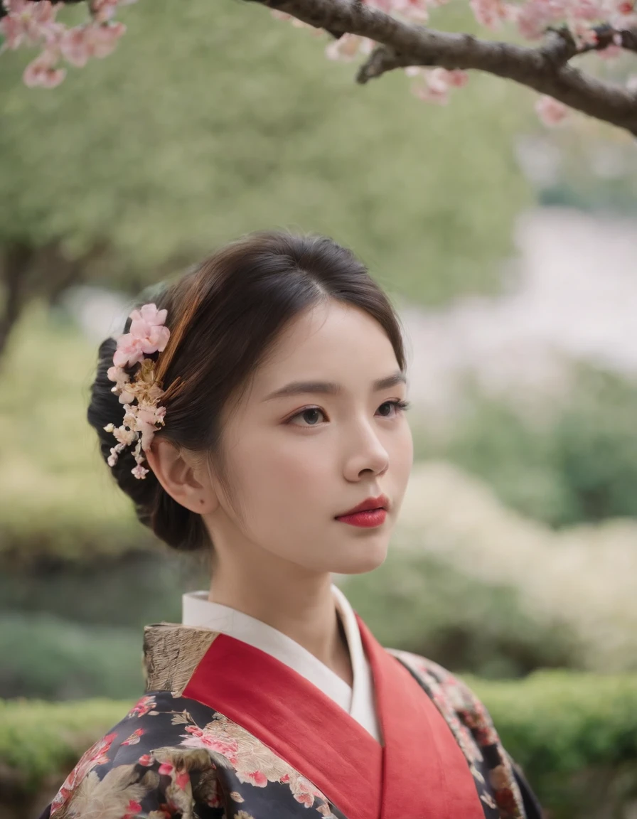 girl,He has a delicate and beautiful face,Dressed in a black and red classical kimono,Wear elegant tiara,Standing in a Japanese-style garden,The background is a classical Japanese garden scene。
