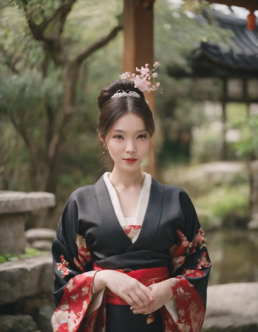 girl，He has a delicate and beautiful face，Dressed in a black and red classical kimono，Wear elegant tiara，Standing in a Japanese-style garden，The background is a classical Japanese garden scene。