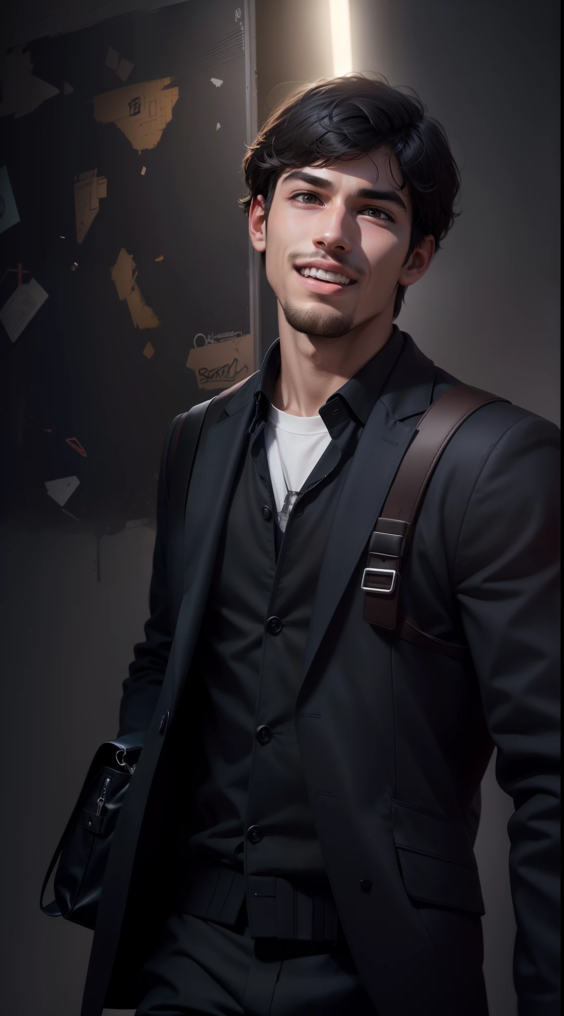 School boy having hyper realistic animated face with having a bag with dark and bright background with 8k quality