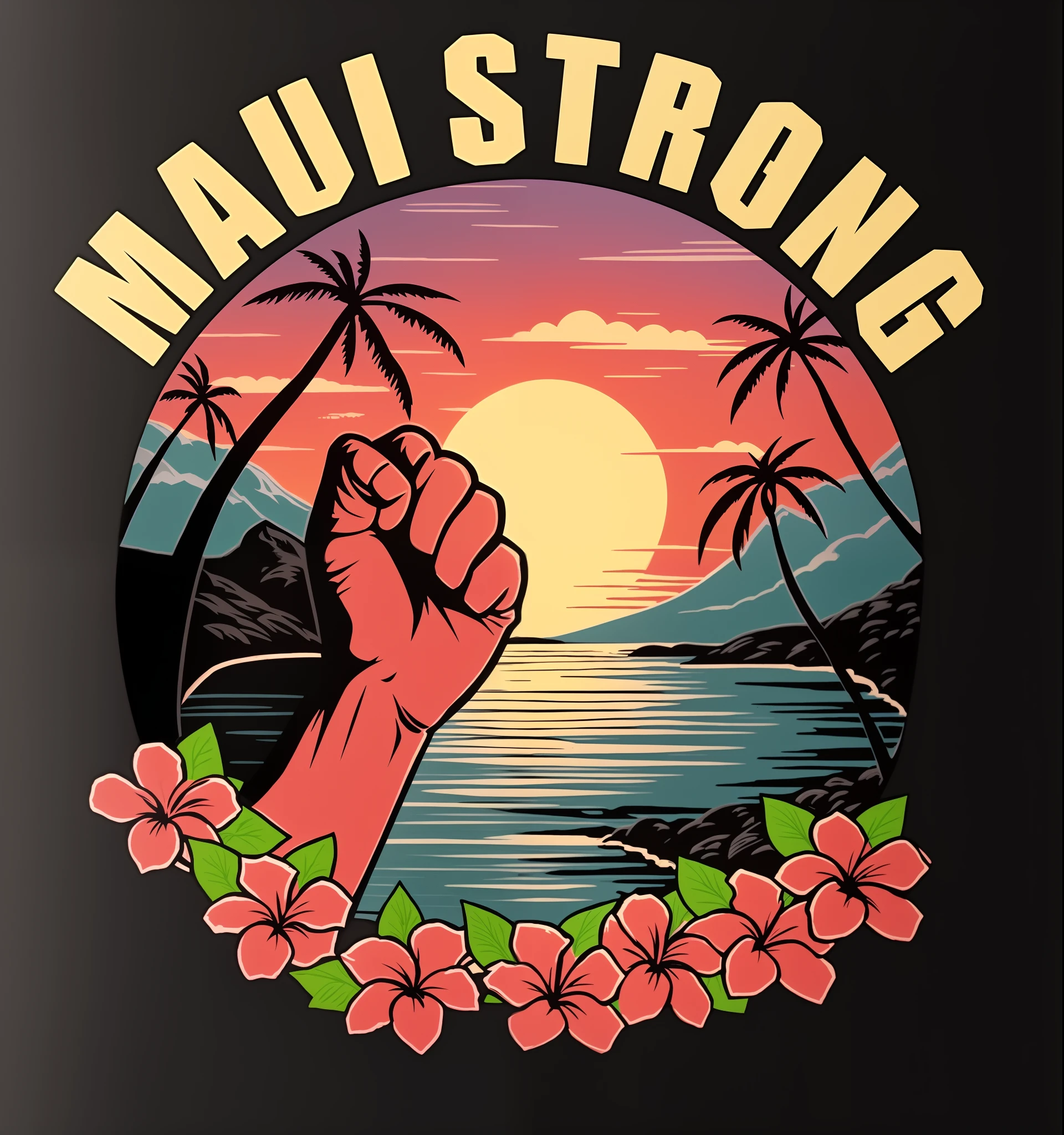 a black mug with a fist fist and the words maui strong, maui, strong, kauai springtime, very strong, super strong, strong spirit, large view, by Max Buri, illustration”, official art, by Matt Stewart, hawaiian shirt, strong sunlight, moai seedling, tall and strong, concept piece, strong presense, awesome