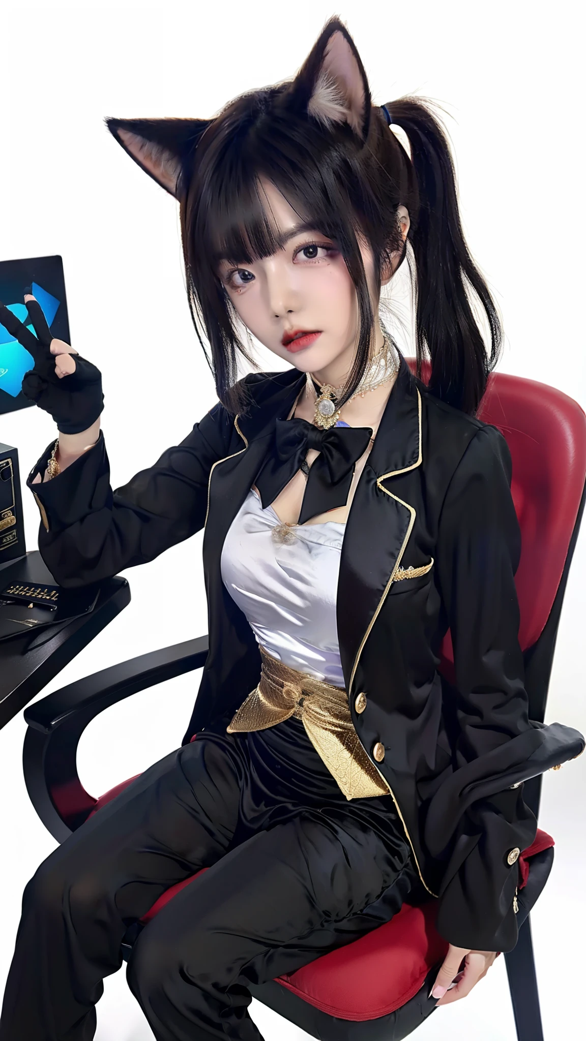 Cat-eared girl,black gown,slim,brunette color hair