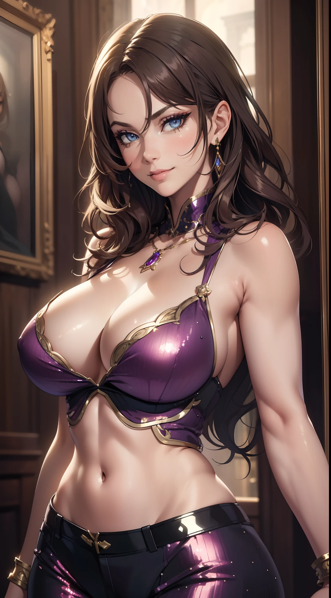 ((Best quality)),((masterpiece)),(realistic),(highly detailed), 16K, HDR, RTX, high resolution, Sexy woman, tall, beautiful, sexy, sensual, wearing a sleeveless sequin shirt, cleavage, breasts, stylish, fancy, smug smile, slutty, american armhole, jewelry, shiny pants, smooth shiny skin, highly detailed eyes, makeup.
