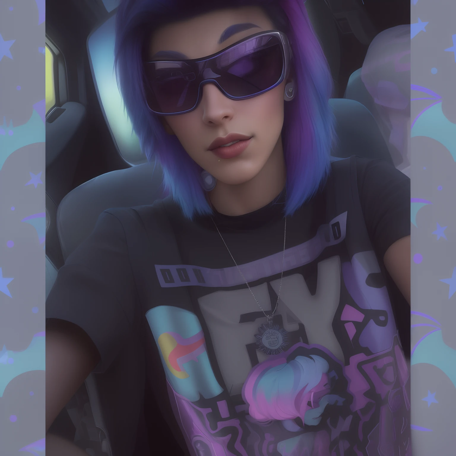 arafed woman in a car wearing a grey shirt and sunglasses, alex yanes and lisa frank, style alex gray, dressed in crustpunk clothing, wearing black undershirt, dark blue hair and cybernetics, profile picture 1024px, she has rainbow hair, taken in the early 2020s, cory loftis, not cropped