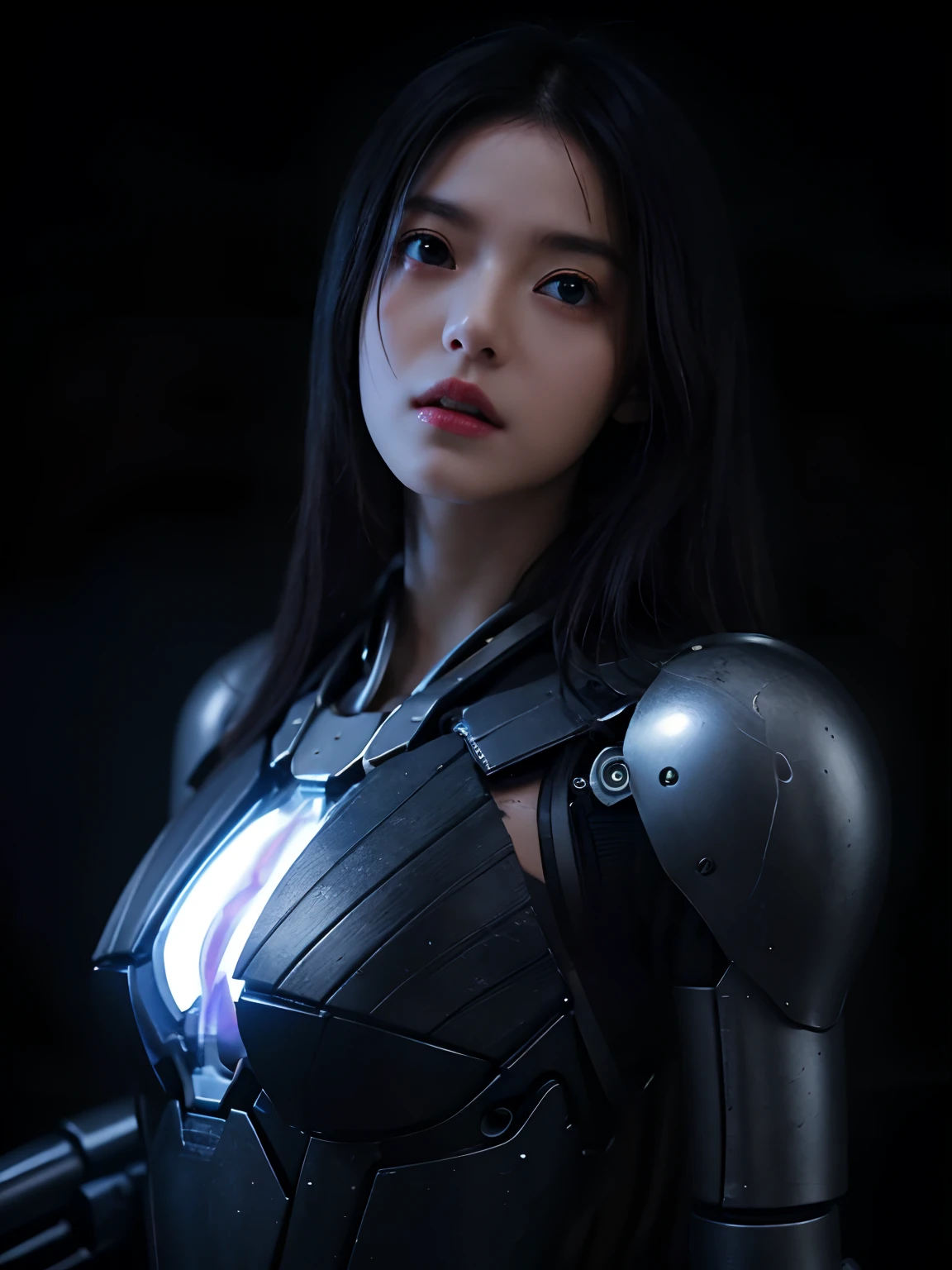 top-quality、​masterpiece、超A high resolution、(Photorealsitic:1.4)、Raw photo、女の子1人、Black hair、glowy skin、1 Mechanical Girl、((super realistic details))、portlate、Global Illumination、Shadow、(Particles of light),octan render、8K、ultrasharp、Mechanical Girl、Colossal tits、Raw skin is exposed in cleavage、Details of complex ornaments、Gundam details、highly intricate detail、Realistic light、CGSoation Trends、a purple eye、radiant eyes、Facing the camera、neon details、Mechanical limbs、blood vessels connected to tubes、Mechanical vertebrae attached to the back、mechanical cervical attaching to neck、sitting on、Wires and cables connecting to the head、Small LED lamp、Fluorescent glowing tubes、