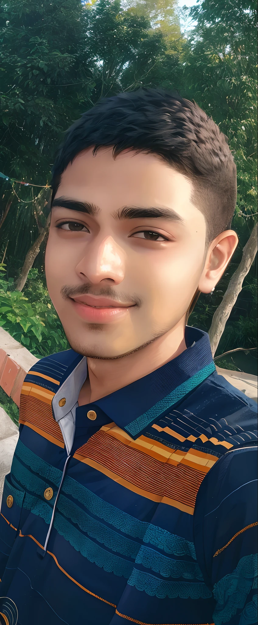 there is a young man standing in front of a brick wall, jayison devadas, riyahd cassiem, inspired by Bikash Bhattacharjee, mohamed chahin, with accurate face, around 1 9 years old, ayan nag, vinayak, good looking face, nivanh chanthara, portait image, in front of a forest background