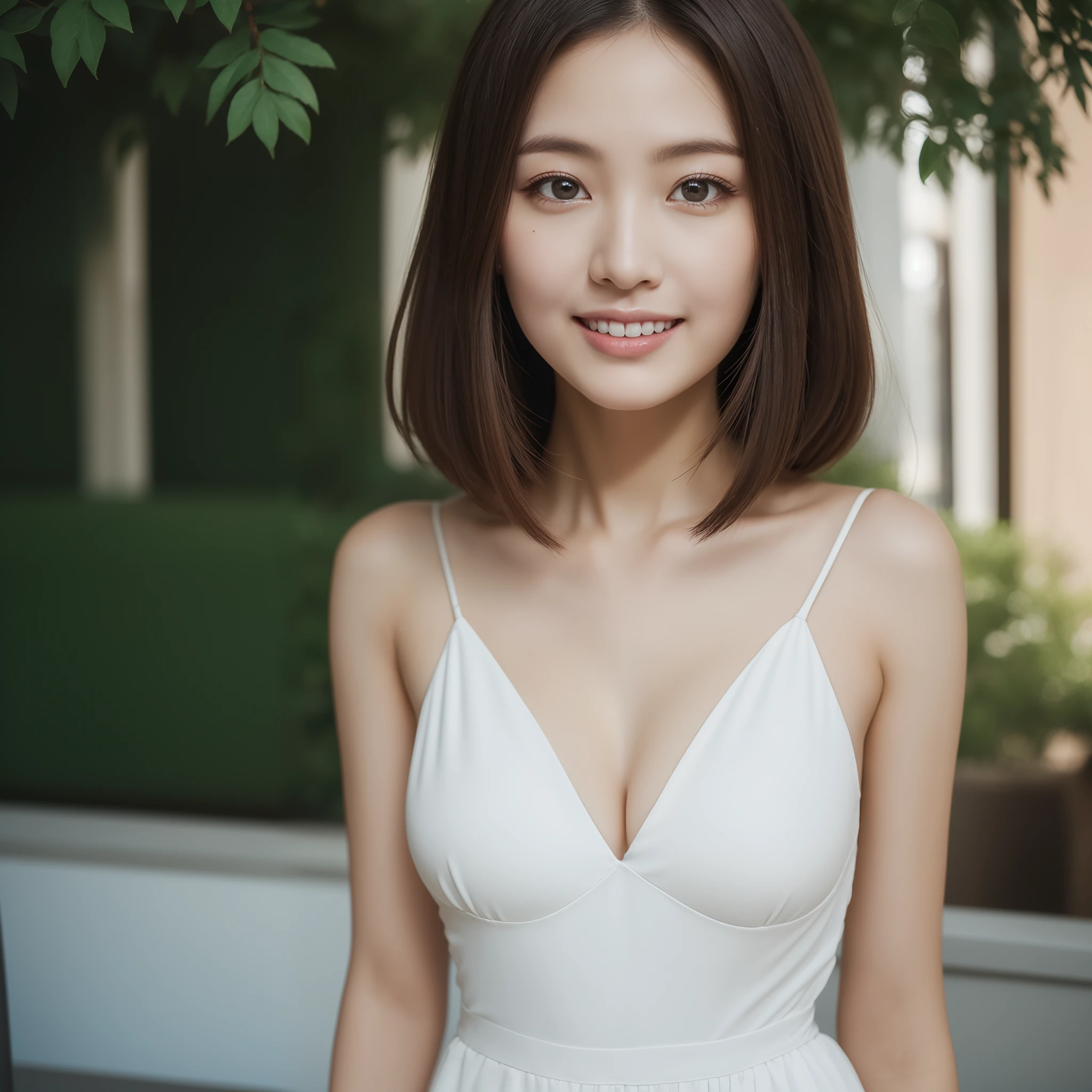 (Masterpiece:1.3), (8k, Photorealistic, RAW Photography, Best Quality: 1.4), (((1 girl))), (single head), A pretty woman with perfect figure, modest breasts, (breasts:1.0), Cute face, Beautiful Face, (Realistic Face), Realistic Eyes, (Realistic Skin), gaze at viewer, smile, one piece tight dress, cotton dress, string straps, movie lighting, face focus, fine eyes, detailed face, well lit face, sunny day, outdoor cafe in background