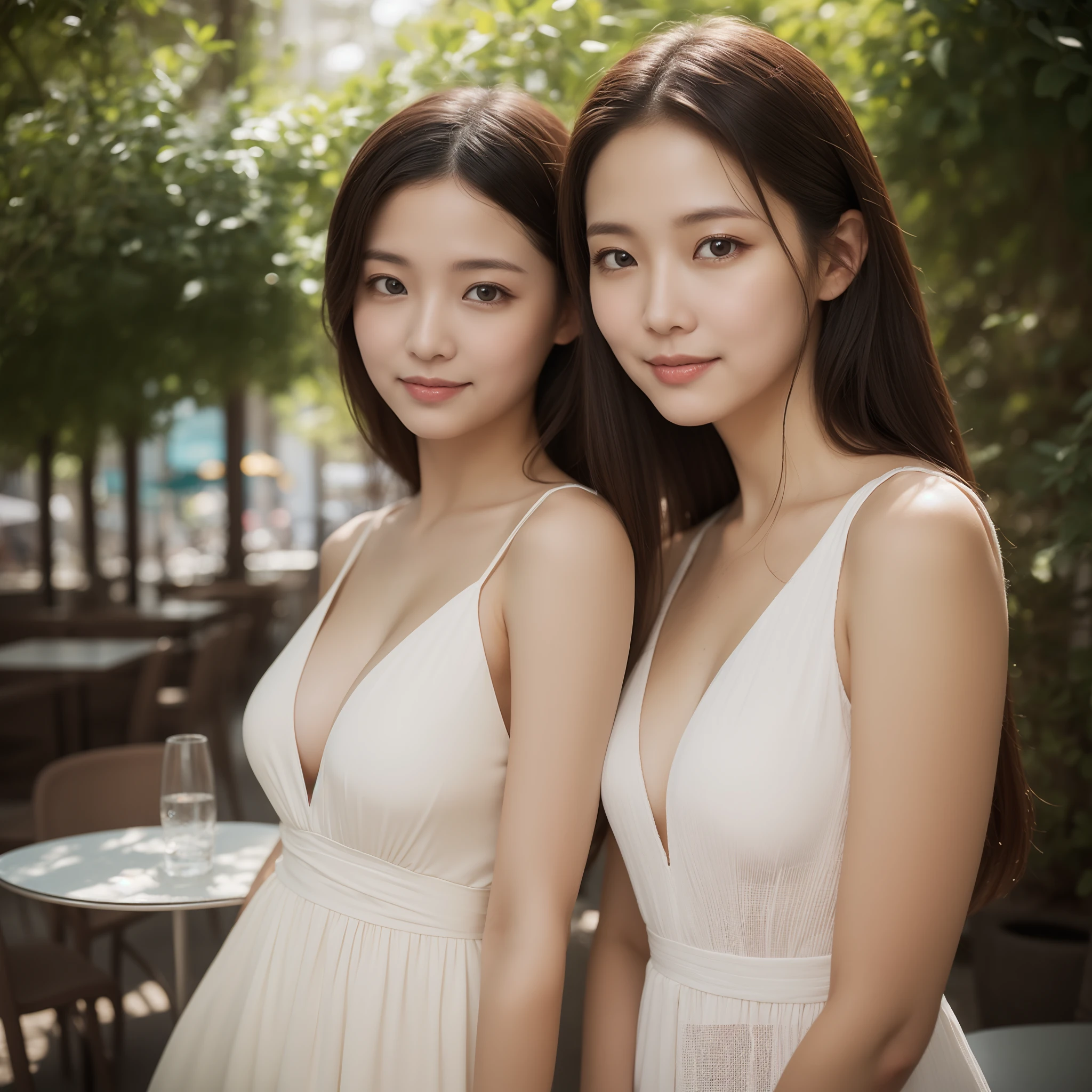 (Masterpiece:1.3), (8k, Photorealistic, RAW Photography, Best Quality: 1.4), (((2 girl))), pretty women, modest breasts, (breasts:1.0), Cute face, Beautiful Face, (Realistic Face), Realistic Eyes, (Realistic Skin), gaze at viewer, smile, one piece tight dress, summer dress, string straps, movie lighting, face focus, fine eyes, detailed face, well lit face, sunny day, outdoor cafe in background