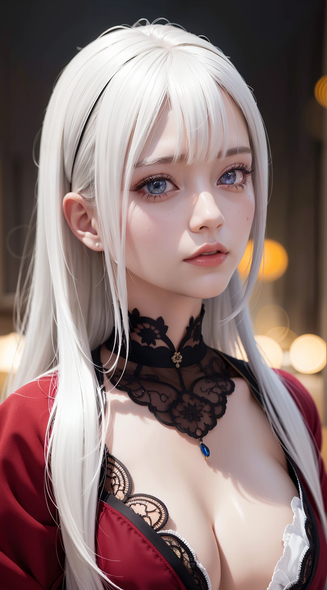 masutepiece, Best Quality, Extremely detailed, cinematic lightening, intricate detailes, hight resolution, Official art, Dense beautiful face and eyes, High resolution illustration, 8K, depth of fields, Bokeh, Solo, 1girl in, Girl with white hair and red eyes, long white hair, Beautiful red eyes, Beautiful Landscapes, Rainy city, Upper body, Looking at Viewer, close up
