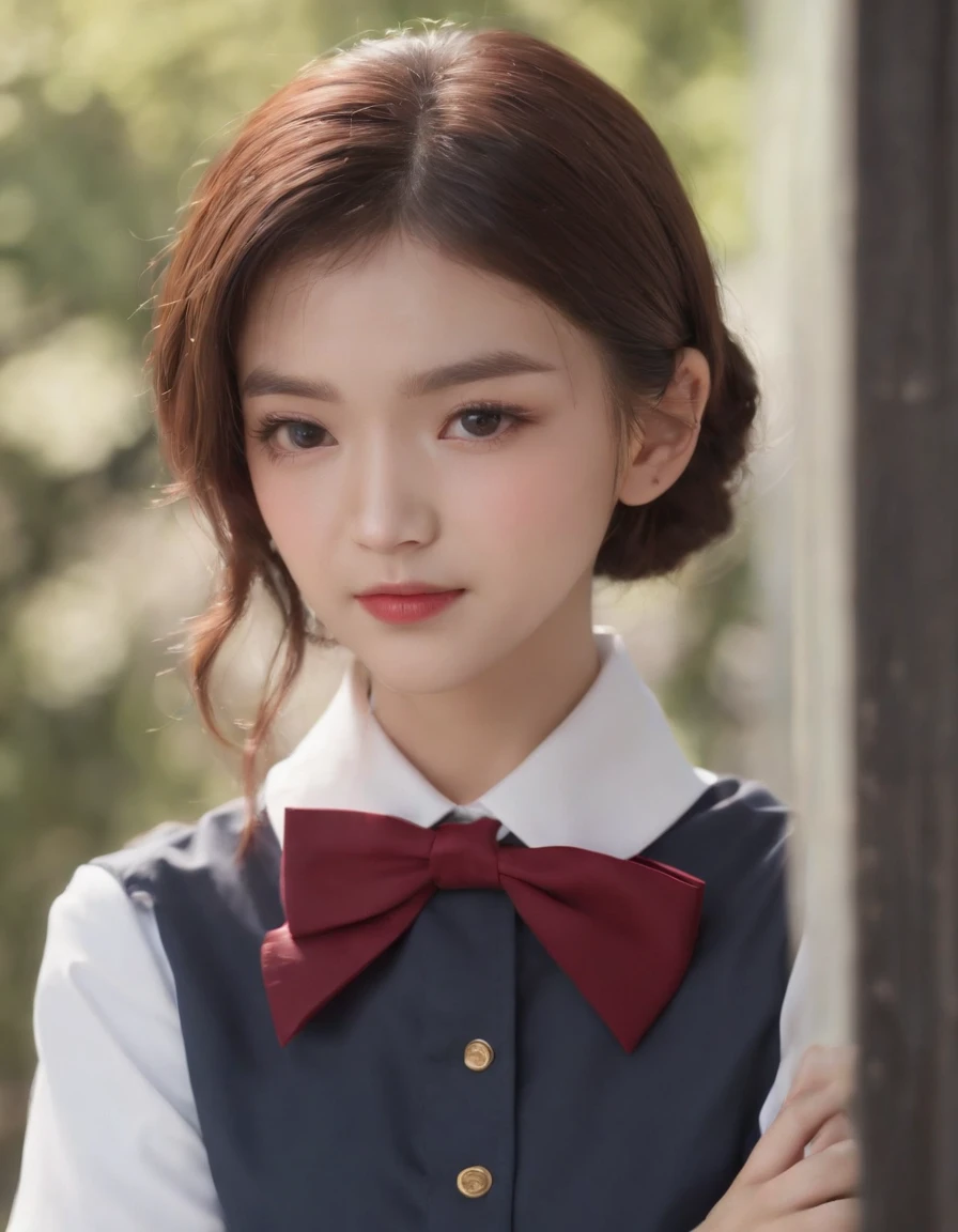 (masterpiece, best quality:1.2), 8k, official art, raw photo, incredibly absurdres, (upper body, sailor uniform, serafuku:1.4), beautiful girl, pretty face, arch back, navy pleated skirt, close up, school uniform, short sleeve, gardenia, violaceaess, , street, looking at viewer, no makeup, film grain, chromatic aberration, sharp focus, facelight, dynamic lighting, cinematic lighting, detailed eyes and face, bokeh background, (1 dark red bow tie:1.3)