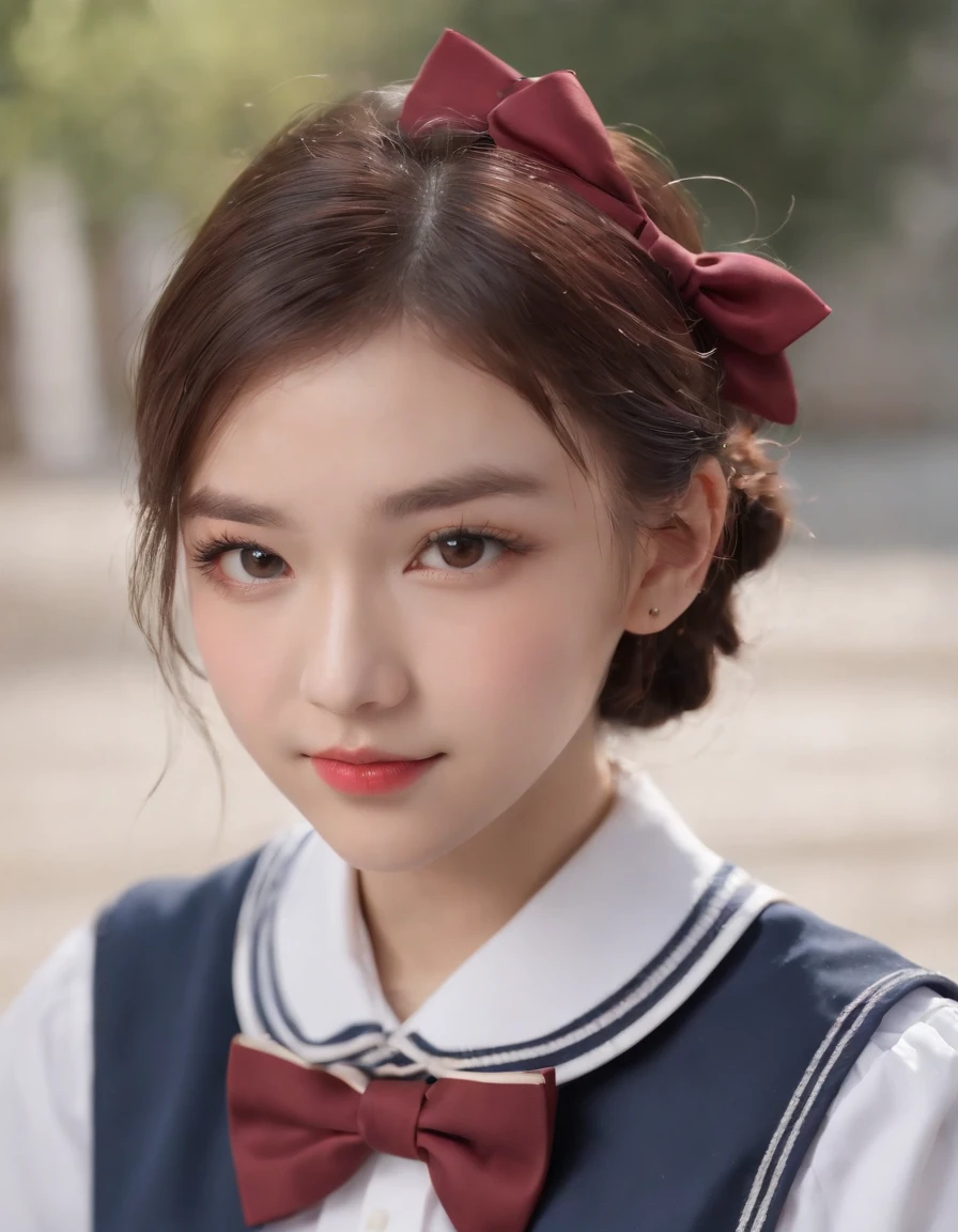(masterpiece, best quality:1.2), 8k, official art, raw photo, incredibly absurdres, (upper body, sailor uniform, serafuku:1.4), beautiful girl, pretty face, arch back, navy pleated skirt, close up, school uniform, short sleeve, gardenia, violaceaess, , street, looking at viewer, no makeup, film grain, chromatic aberration, sharp focus, facelight, dynamic lighting, cinematic lighting, detailed eyes and face, bokeh background, (1 dark red bow tie:1.3)