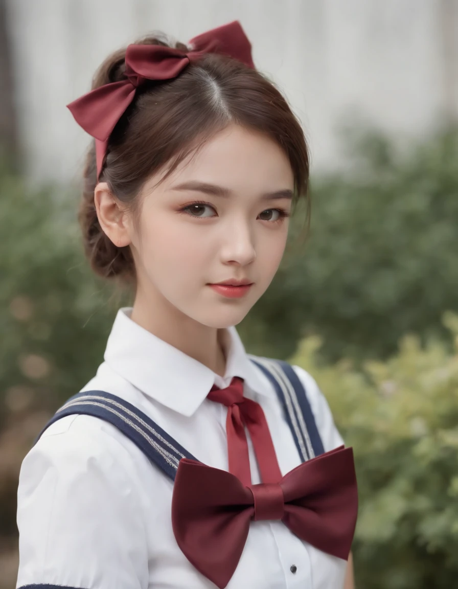 (masterpiece, best quality:1.2), 8k, official art, raw photo, incredibly absurdres, (upper body, sailor uniform, serafuku:1.4), beautiful girl, pretty face, arch back, navy pleated skirt, close up, school uniform, short sleeve, gardenia, violaceaess, teen, street, looking at viewer, no makeup, film grain, chromatic aberration, sharp focus, facelight, dynamic lighting, cinematic lighting, detailed eyes and face, bokeh background, (1 dark red bow tie:1.3)