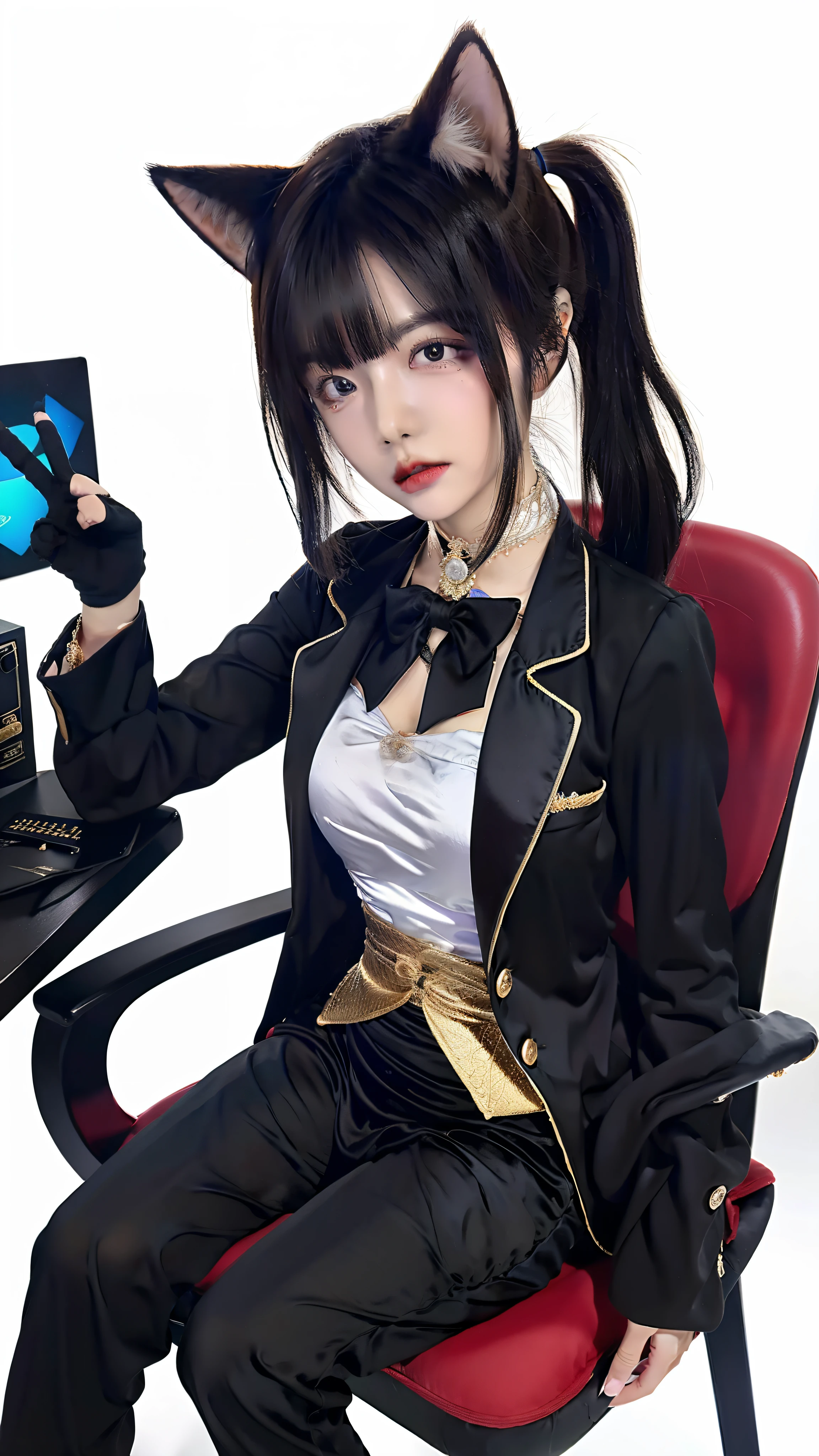 Cat-eared girl，black gown，slim，brunette color hair