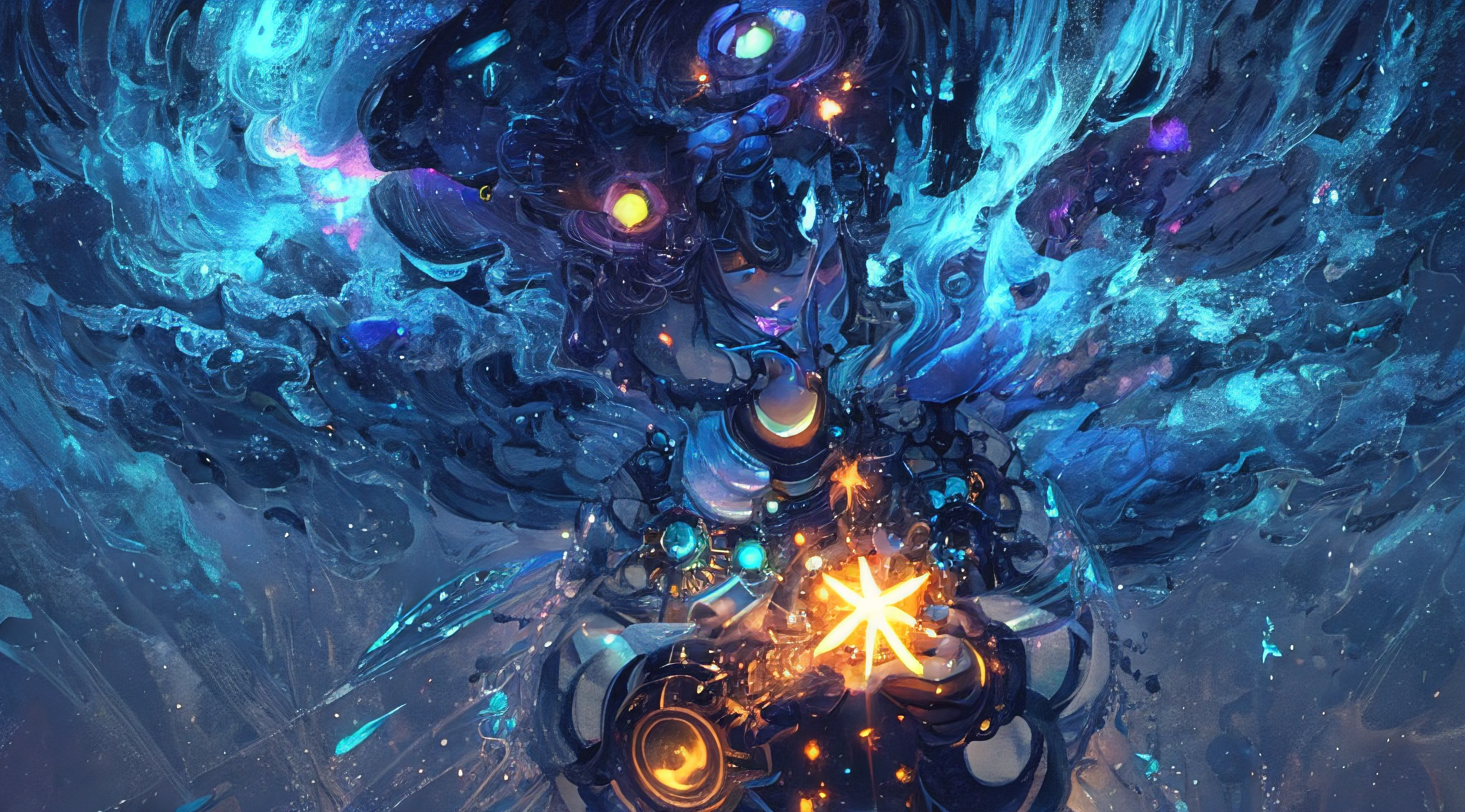 illustration of an extraterrestrial portal with gears and alien technology formed by the ocean with iridescent waves at night a stary sky, looks like a video game scene, video game illustration, cut scene, 2D game, pixel art, retro game, shooting stars, puffy clouds, purple and blue, bioluminescent beach sand, jellyfish, half submerged, abstract, beautiful sea, neon colors, sparkling, glitter, special and unusual light effects
