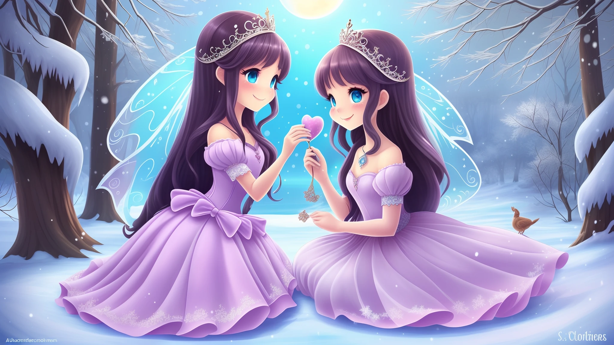 (Cute, Illustration: 1.3), cartoon princess, with charming smile and innocent eyes, (fairy tale world: 1.2), full of fantasy and dreamy colors, (ice and snow environment: 1.3), snow mountains and lakes with snowflakes, (shining ice and snow castle: 1.1), gorgeous and spectacular, (gorgeous princess dress: 1.2), costumes full of jewelry and ice crystals, (cute little animal friends: 1.3), with rabbits, birds, etc. Intimate company, (magical fairy: 1.2), bringing magic and blessings, (sweet and romantic love story: 1.1), the dreamy encounter of the princess and the prince, the power of courage and persistence, showing the beauty of the ice and snow fairy tale of the cute cartoon princess. --auto --s2