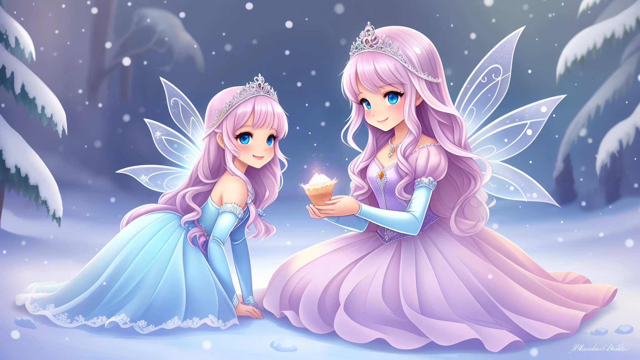 (Cute, Illustration: 1.3), cartoon princess, with charming smile and innocent eyes, (fairy tale world: 1.2), full of fantasy and dreamy colors, (ice and snow environment: 1.3), snow mountains and lakes with snowflakes, (shining ice and snow castle: 1.1), gorgeous and spectacular, (gorgeous princess dress: 1.2), costumes full of jewelry and ice crystals, (cute little animal friends: 1.3), with rabbits, birds, etc. Intimate company, (magical fairy: 1.2), bringing magic and blessings, (sweet and romantic love story: 1.1), the dreamy encounter of the princess and the prince, the power of courage and persistence, showing the beauty of the ice and snow fairy tale of the cute cartoon princess. --auto --s2