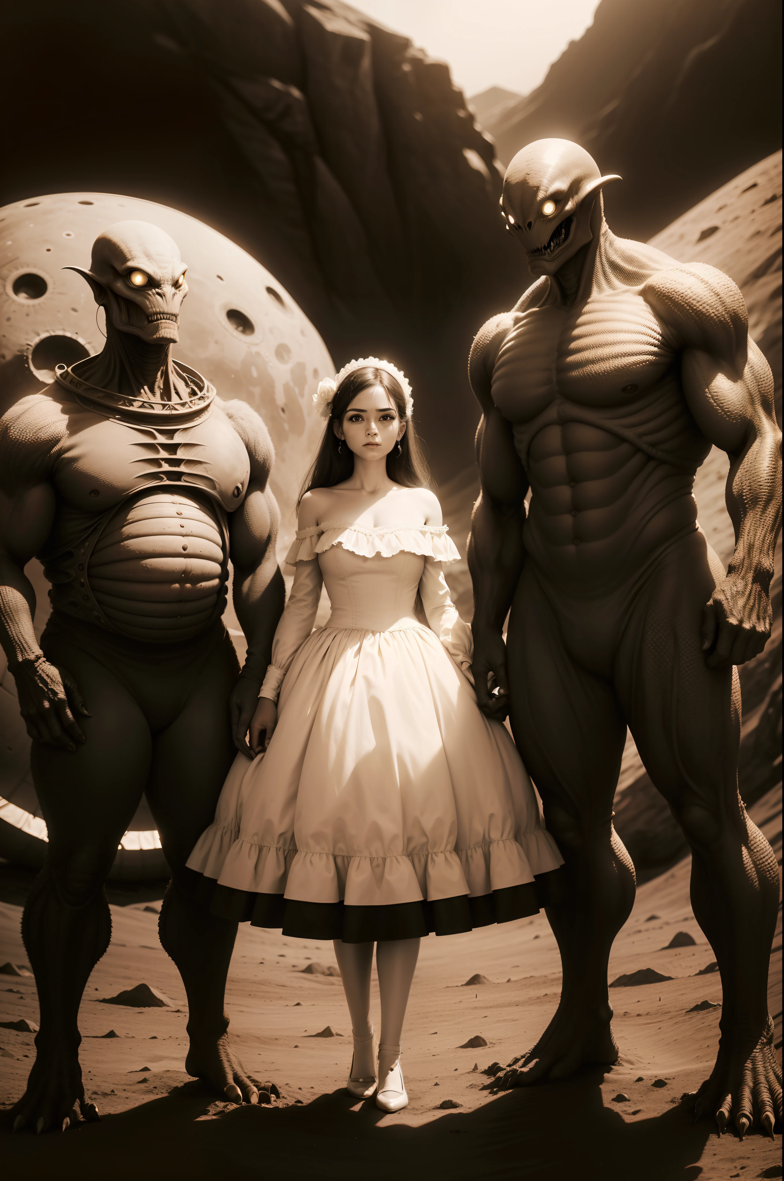 alien monsters! in the background of a family group photos on the moon, sepia toned images, old Daguerreotypes styled