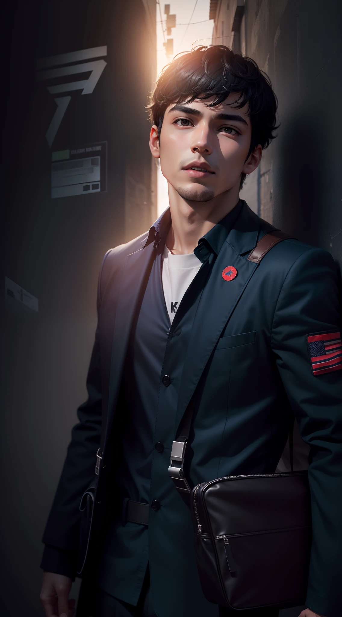 School boy having hyper realistic animated light dark face with having a bag with plain dark and bright background with 8k quality