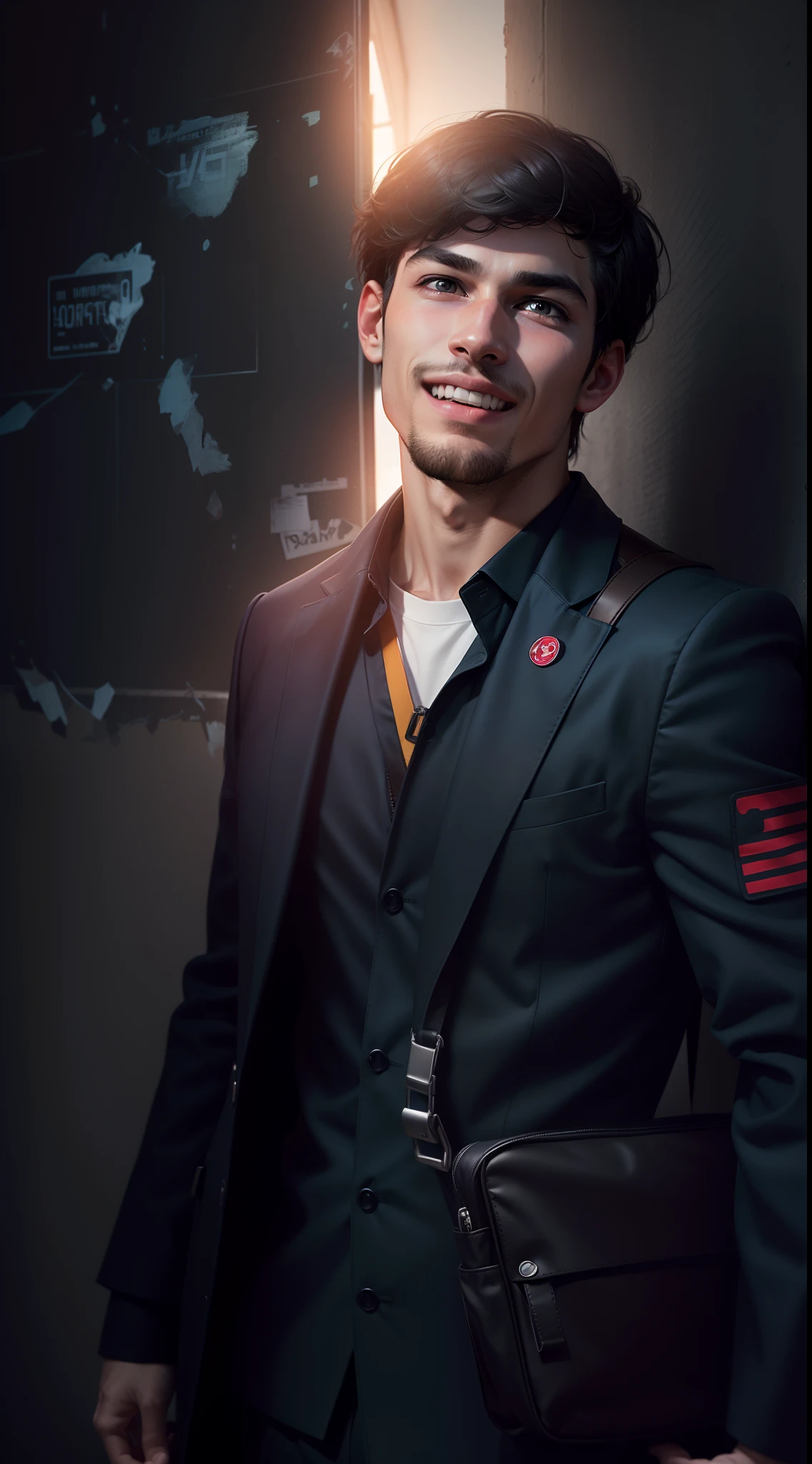 School boy having hyper realistic animated face with having a bag with dark and bright background with 8k quality