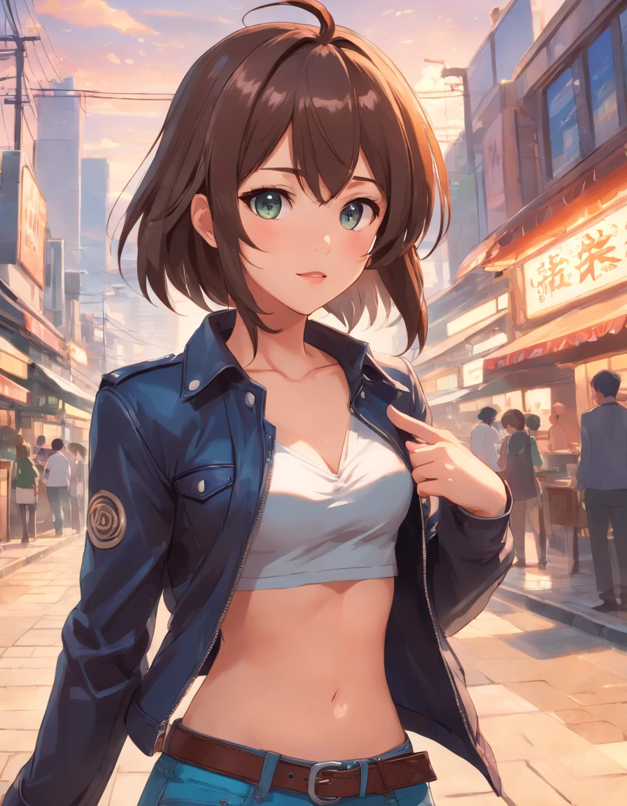4K HLTRA HD, Master Mead, Best Quality, Girl showing off her small breasts, Good face, Detailed eyes, Detailed lips, Long hair, Strait hair, Wearing a cowboy costume, bare stomach,  Leather jacket, Cowboy Hat, Blurred background, morning, Full body capture,