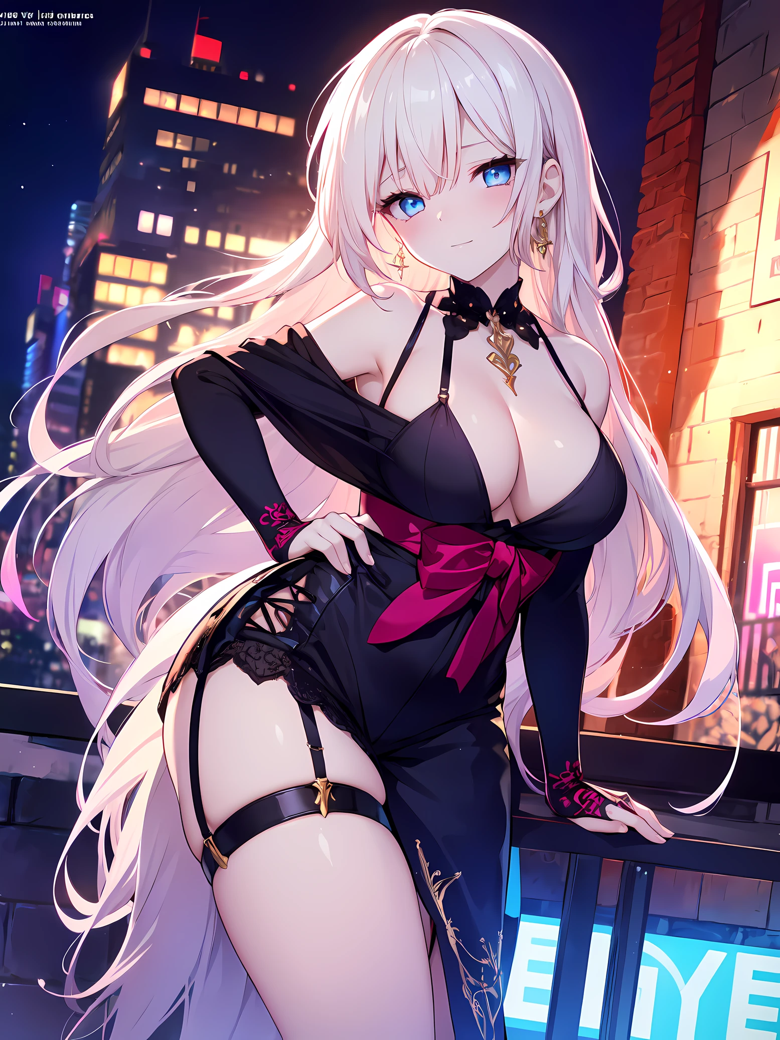 ((masterpiece)), ((Best Quality)), (ultra-detailed), ((extremely detailed)), 4K, (8K), best quality, top-quality, anime style,1girl, solo, The most detailed skin, Sheer black silk off-shoulder blouse, high-waist shorts adorned with gold beads, black lace garter belt and stockings, gold-strapped high heels, diamond teardrop earrings, //, Stunned expression, Girl with troubled face, Ecstasy, (sexual expression), smile, blush, Red face, //, (large breasts), voluptuous body, //, Half-up twisted long straight hair, Platinum blonde hair color, (beautiful eyes), pink-skinned, //, Decaying brick building, dim glow of blue neon signs, (thick lines:1.2),