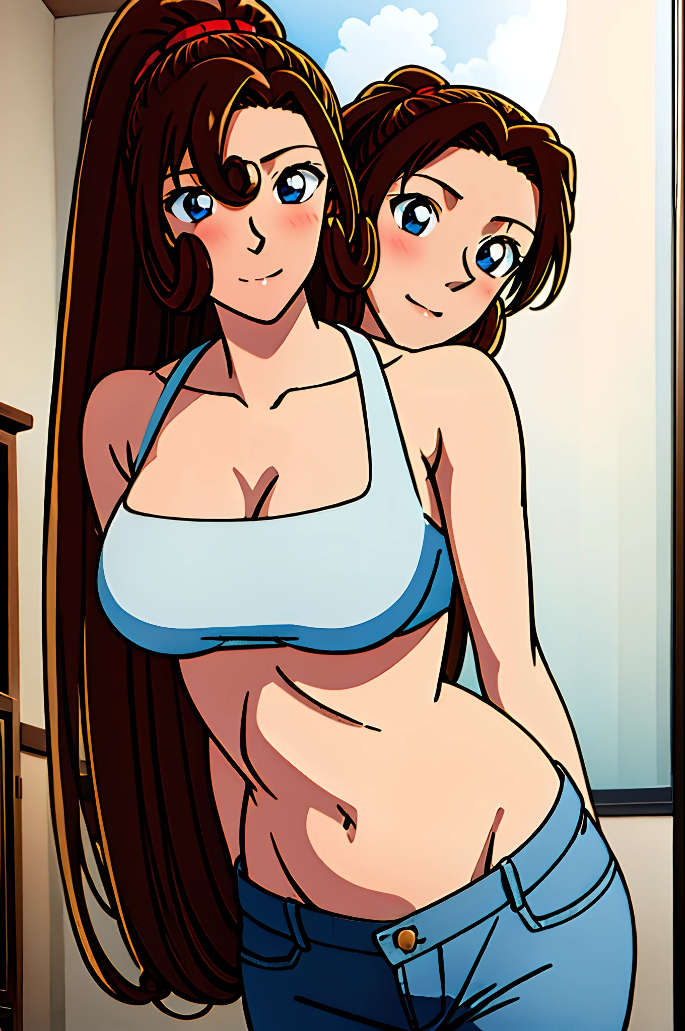 ((masterpiece)),((best quality)),ultra-detailed,illustration,1girl, solo, brown hair, long hair, high ponytail, flower, pants, midriff, crop top, breasts, looking at viewer, cleavage, window, brown eyes, indoors, navel, medium breasts, bikini top, head tilt, knee up, open mouth, bare shoulders, grey eyes, cloud, bangs, ,Beautiful body, Beautiful Nose, Beautiful character design, perfect eyes, perfect face, alluring, wallpaper, perfect lighting, Colorful, ultra highres,4K,photography, (medium breasts:1.2),(beautiful face:1.2),(narrow waist), shiny skin, anime screencap, mature female, full body, meitantei conan, standing, ((milf)), 37 years old, high brightness