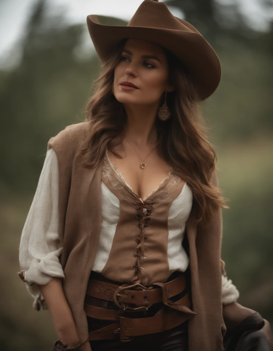 4K HLTRA HD, Master Mead, Best Quality, Girl showing off her small breasts, Good face, Detailed eyes, Detailed lips, Long hair, Strait hair, Wearing a cowboy costume, bare stomach, Leather jacket, Cowboy Hat, Blurred background, morning, Full body capture,