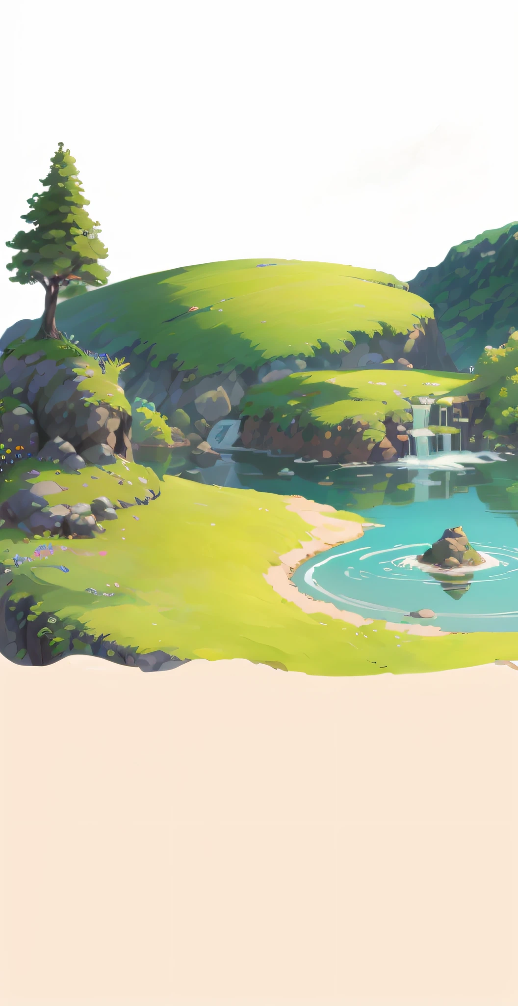 Chinese ancient times, spring, jungle, lake, cave, waterfall, tree, meadow, rock, hot spring, a plant,volcanoes,coconut palms,Antiquity,Eau,small stream,sandbeach,jurassic,Ancient plants,rios,grass field,grassy fields,Faraway view,mont,volcanoes,cliff,clouds,sun light, water vapor, brightly,verdure,Grass green,The colors are expressive,vibrant with colors,illustration,Cartoon drawing,Lively children's drawing,Illustrations in storybooks,Cartoon coloring page,KIDS ILLUSTRATION,Disney,cartoony,Paramount,dreamworks,(illustration: 1.0), epic composition, realistic lighting, HD details, masterpiece, best quality, (very detailed CG unified 8k wallpaper)