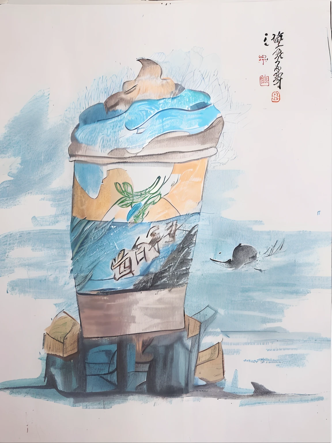 Draw a cup of coffee,There is a bird on it, kids drawing, a child's drawing, inspired by Ma Yuanyu, inspired by Dong Yuan, inspired by Hua Yan, Inspired by Yoshida Hanbei, inspired by Ruan Jia, Inspired by Cao Zhibai, inspired by Shi Zhonggui, inspired by Huang Gongwang