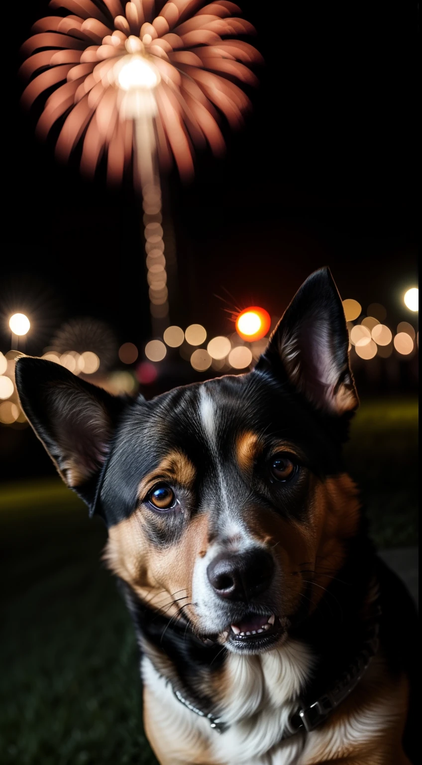 (alta calidad,fotorrealista) A dog with a terrified expression, Fuegos artificiales en el cielo, colores vibrantes, Piel detallada, Vivid expression, miedo en los ojos, chispas volando, Fireworks explosion, intense illumination, noche clara, frightened expression