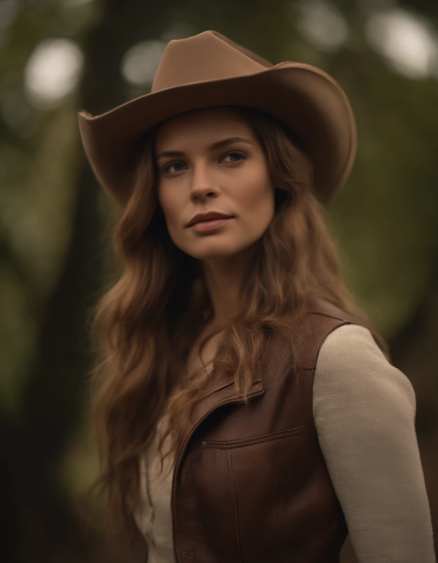 4K HLTRA HD, Master Mead, Best Quality, Sexually aroused girl showing off her small breasts, Good face, Detailed eyes, Detailed lips, Long hair, Strait hair, Wearing a cowboy costume, bare stomach, Leather jacket, Cowboy Hat, Blurred background, morning, Full body capture,
