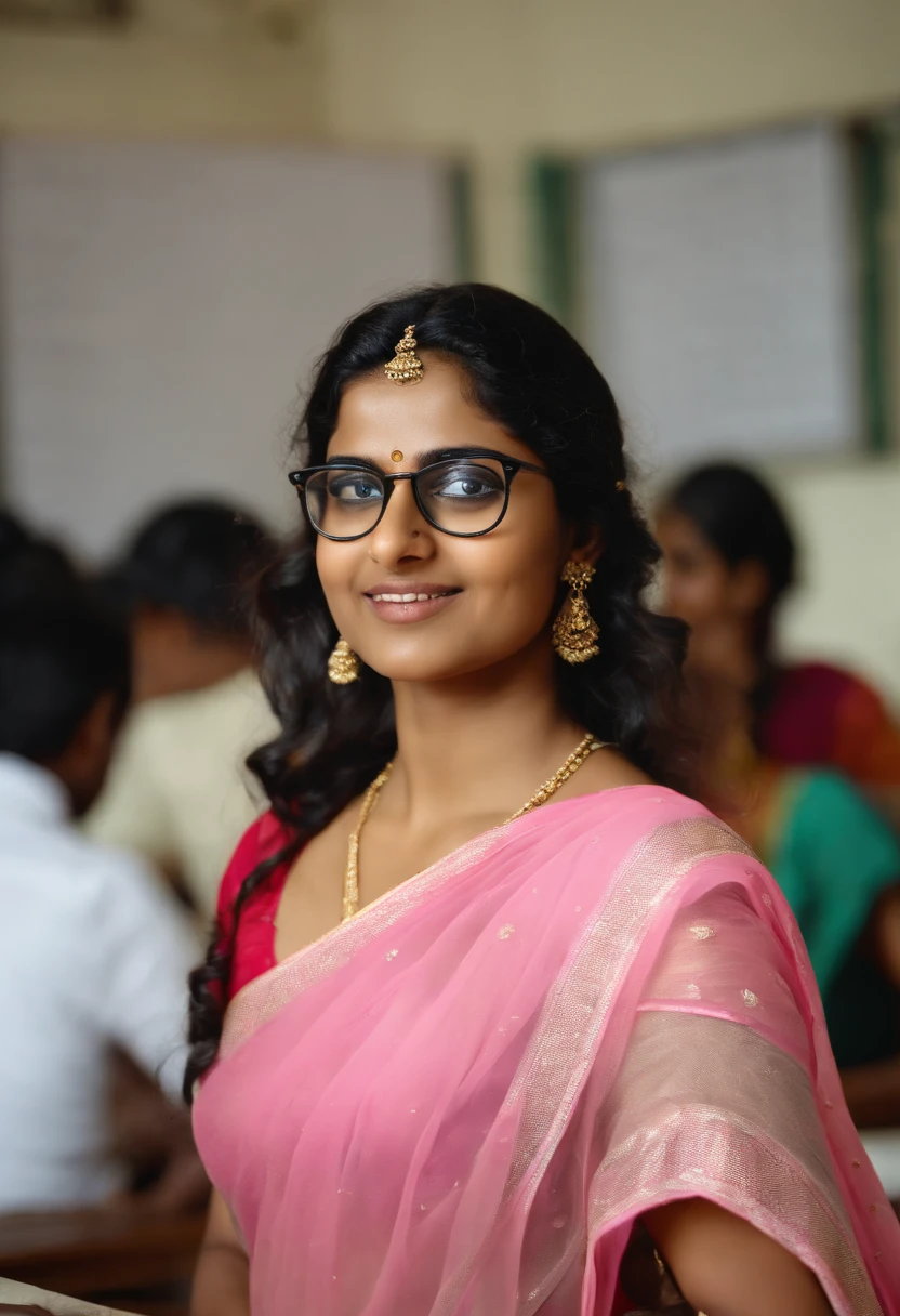 25 year old cute indian nude short 4 ft. school teacher, short girl, wearing round specs, in school classroom, wavy long dense hair, wet body, pink transparent saree, , breast and nipples are clearly visible