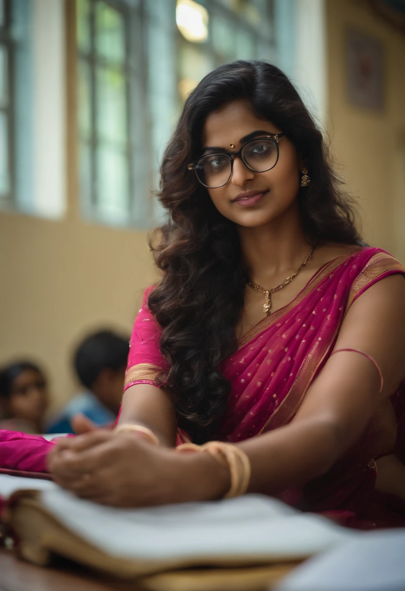25 year old cute indian nude short 4 ft. school teacher, short girl, wearing round specs, in school classroom, wavy long dense hair, wet body, pink transparent saree, , breast and nipples are clearly visible