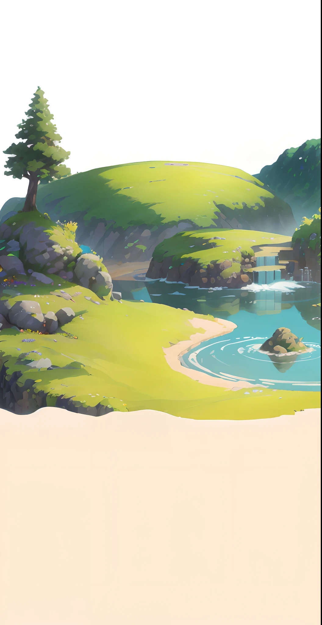 Chinese ancient times, spring, jungle, lake, cave, waterfall, tree, meadow, rock, hot spring, a plant,volcanoes,coconut palms,Antiquity,Eau,small stream,sandbeach,jurassic,Ancient plants,rios,grass field,grassy fields,Faraway view,mont,volcanoes,cliff,clouds,sun light, water vapor, brightly,verdure,Grass green,The colors are expressive,vibrant with colors,illustration,Cartoon drawing,Lively children's drawing,Illustrations in storybooks,Cartoon coloring page,KIDS ILLUSTRATION,Disney,cartoony,Paramount,dreamworks,(illustration: 1.0), epic composition, realistic lighting, HD details, masterpiece, best quality, (very detailed CG unified 8k wallpaper)