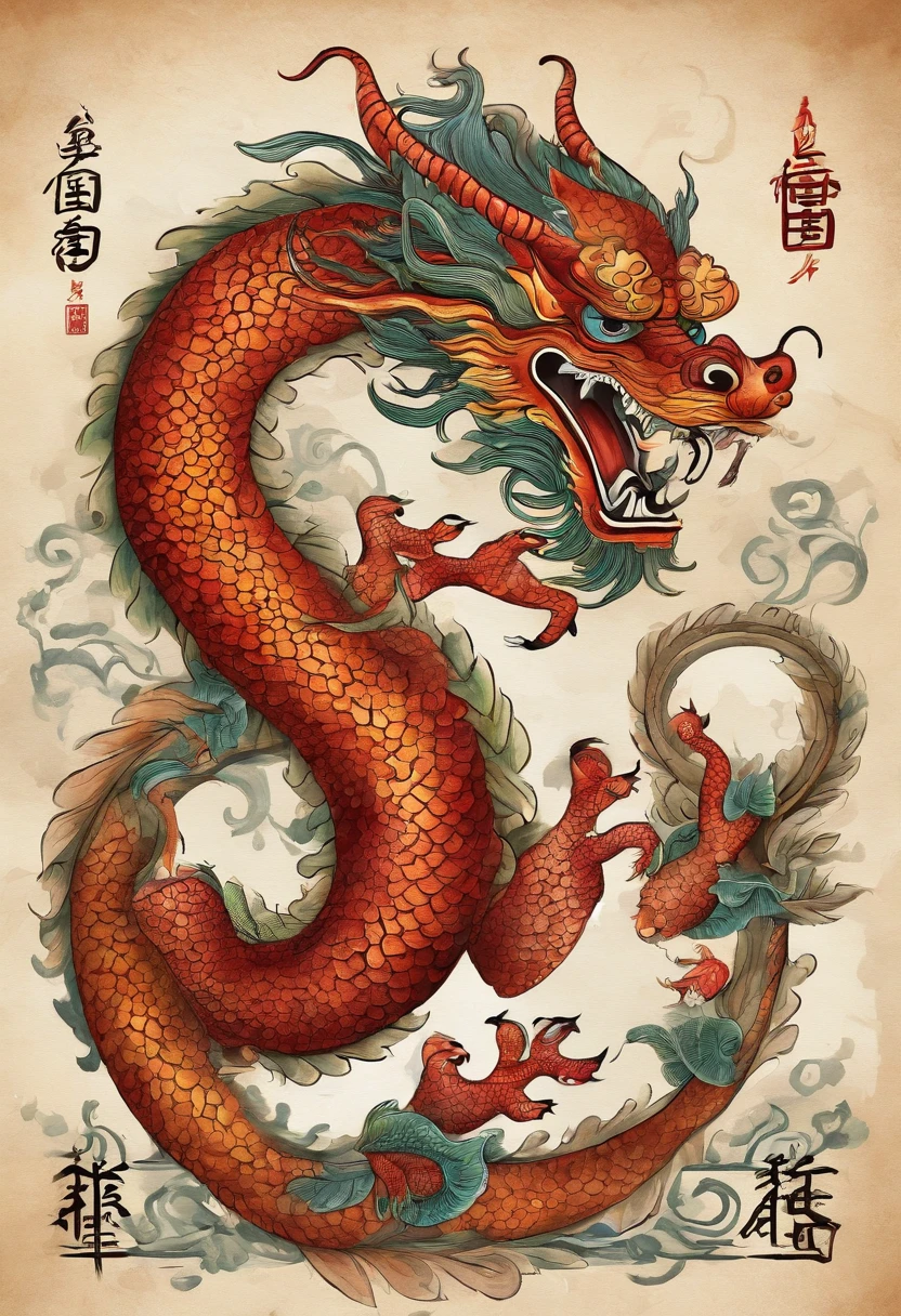 (China - chic Chinese dragon, Anatomically correct,Oriental elements),(China - chic illustration:1.5, Vector painting:1.5),(Chinese colors, senior color matching,Gradient background,White background),(Very detailed, reasonable design, Clear lines, High sharpness,Best quality, Masterpiece, offcial art, movie light effect, 4K )
