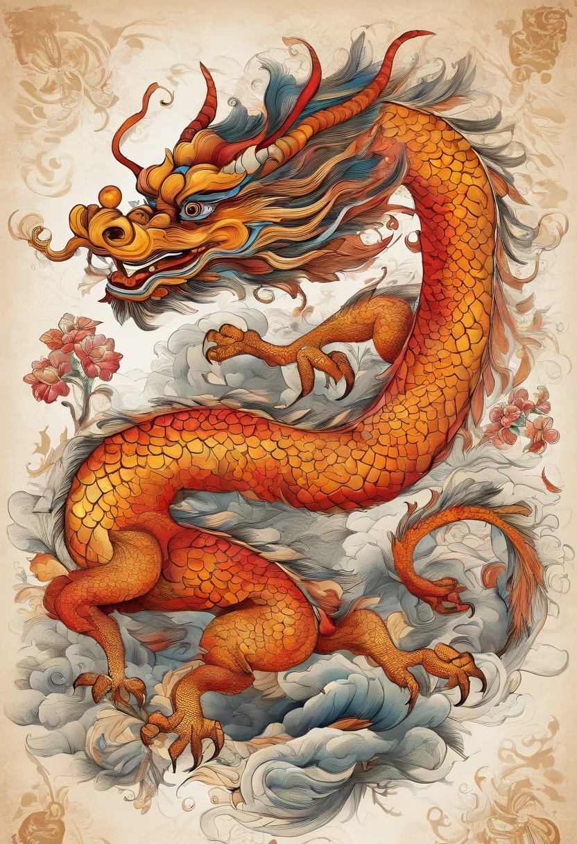 (China - chic Chinese dragon, Anatomically correct，Oriental elements),（China - chic illustration:1.5, Vector painting:1.5),(Chinese colors, senior color matching,Gradient background,White background),(Very detailed, reasonable design, Clear lines, High sharpness,Best quality, Masterpiece, offcial art, movie light effect, 4K )