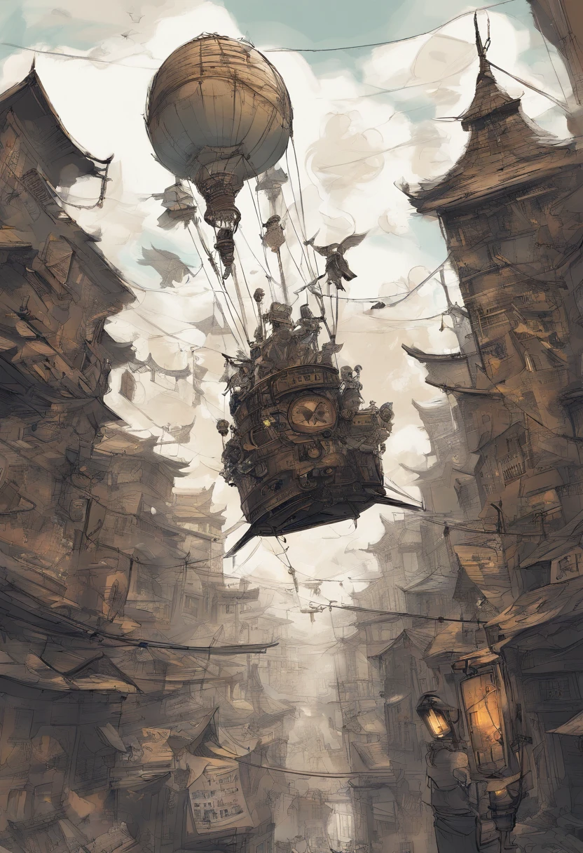 Chinese ink style，Steampunk world，Girl piloting steampunk flying machine，Suspended in the city air，Thick clouds，Ink animation art，Ink comic art，water ink，ink，Smudge，8K，Delicately portrayed，Works of masters，