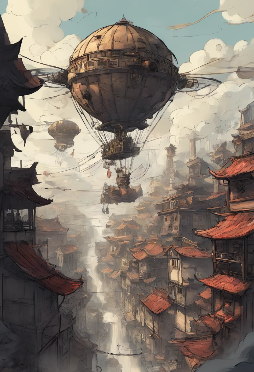Chinese ink style，Steampunk world，Girl piloting steampunk flying machine，Suspended in the city air，Thick clouds，Ink animation art，Ink comic art，water ink，ink，Smudge，8K，Delicately portrayed，Works of masters，