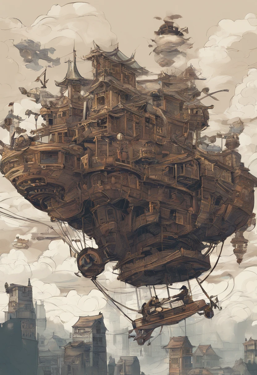 Chinese ink style，Steampunk world，Girl piloting steampunk flying machine，Suspended in the city air，Thick clouds，Ink animation art，Ink comic art，water ink，ink，Smudge，8K，Delicately portrayed，Works of masters，