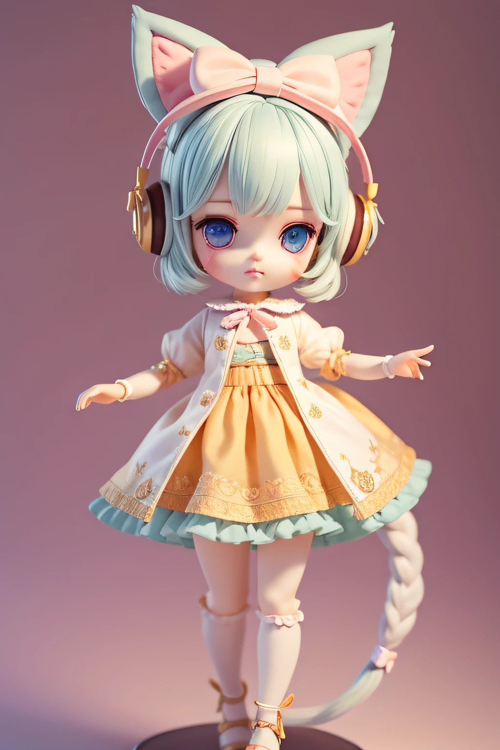 A cute BJD doll,Full body composition,short detailed hair,Two-headed body,Wearing cat ear headphones,Has a long cat's tail,A bow is tied around the tail,Authentic cloth texture,Real strands of hair