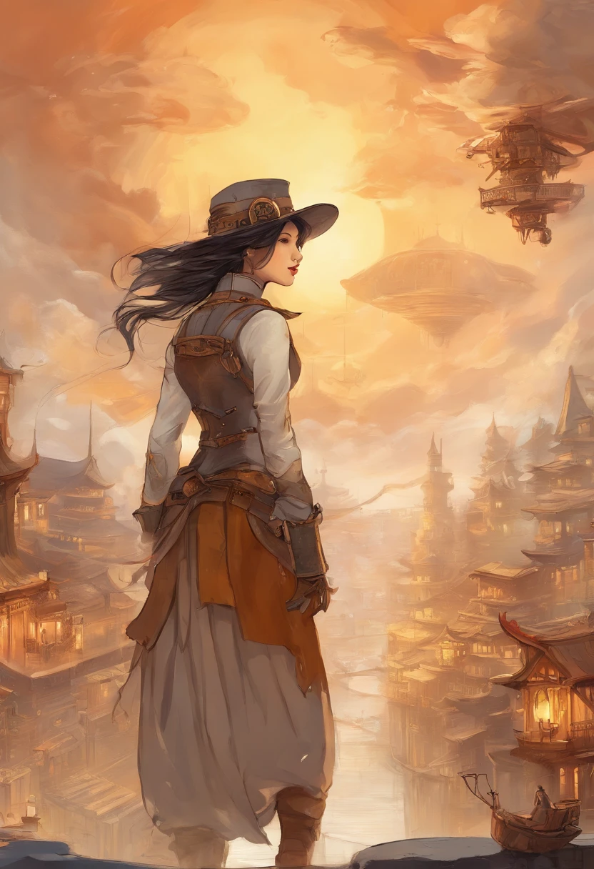 Chinese ink style,Steampunk world,Girl piloting steampunk flying machine,Suspended in the city air,Thick clouds,Ink animation art,Ink comic art,water ink,ink,Smudge,8K,Delicately portrayed,Works of masters,