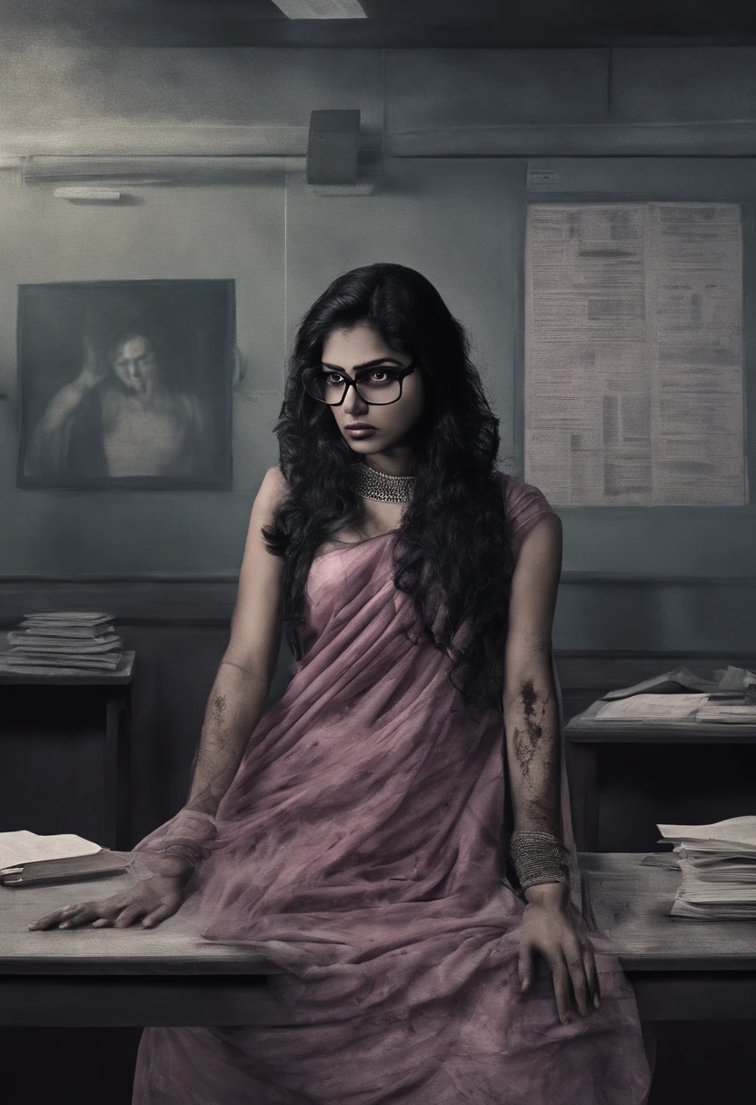 25 year old cute indian short 4 ft. school teacher, short girl, wearing round specs, in school classroom, wavy long dense hair, wet body, pink transparent saree, , breast and are clearly visible
