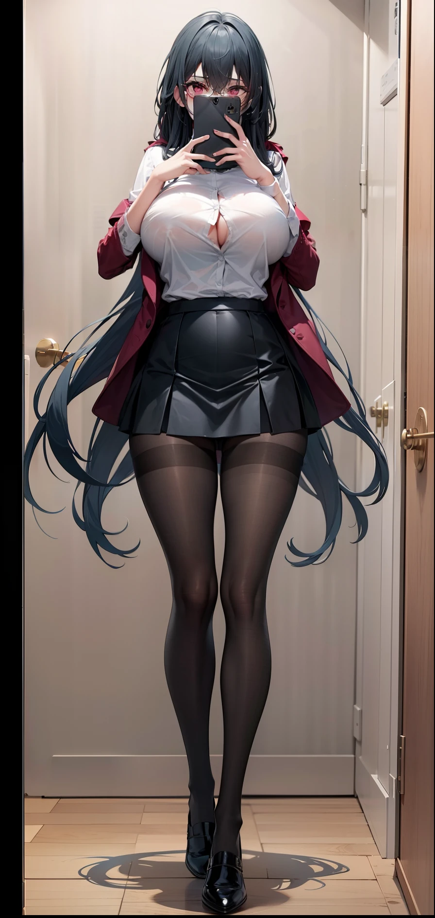 1girl,huge breasts, unseen breast, very long hair,open jacket,white shirt, 30cm skirt, bedroom, sadist, standing, bewitching thighs, pantyhose, selfie, a handphone, full body, pink eyes,