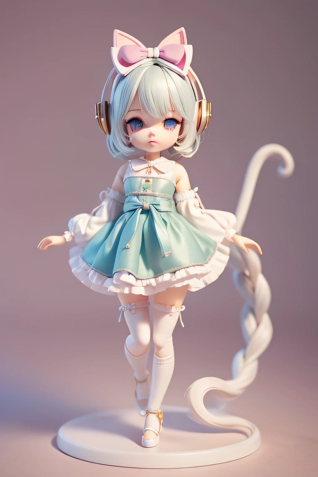 A cute BJD doll，Full body composition，short detailed hair，Two-headed body，Wearing cat ear headphones，Has a long cat's tail，A bow is tied around the tail，Authentic cloth texture，Real strands of hair