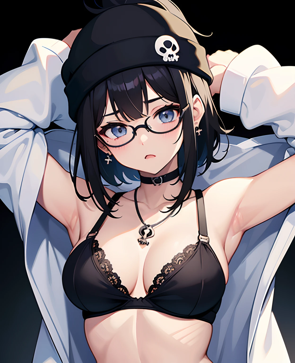 teenage, anime girl, glasses, black hair,bangs, underwears, black bra, short hair, skull earrings, black skull beanie, open clothes, ponytail, medium layer hair, large breasts, high quality, armpits, looking at viewer, black background, heart necklace, long shot, tempting