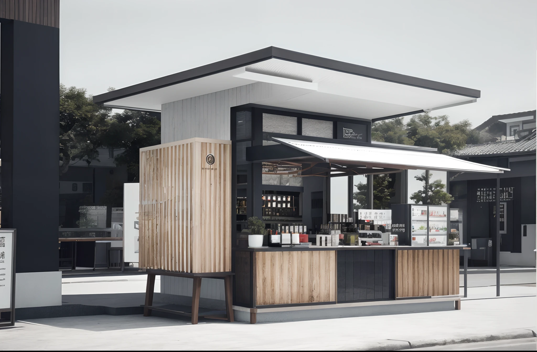 There is a very simple and clean Huipai Chinese design coffee shop along the road, machine aesthetics, 3D visualization, corona rendered, RTX, Front view