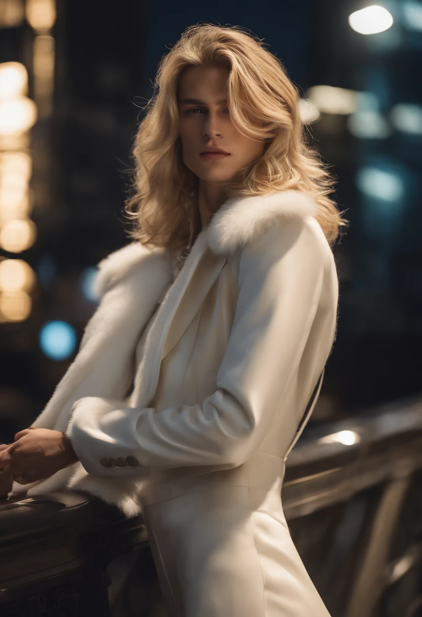 Masterpiece, Highest quality, (solofocus), (Perfect face:1.1), (High detail:1.1), (hyper detail eyes), Dramatic, (1人:0.5), (Pale skin), Long blonde hair, Ethereal eyes, (Light eyebrows), Solo, Long hair, Jordan Barrett, Moon, Night, white luxury suit, covered navel, pouty lips, fur, proud expression, Futuristic city, Detailed background, Art germ, Cinematic lighting, rosette, Fashion, BalenciagaStyle