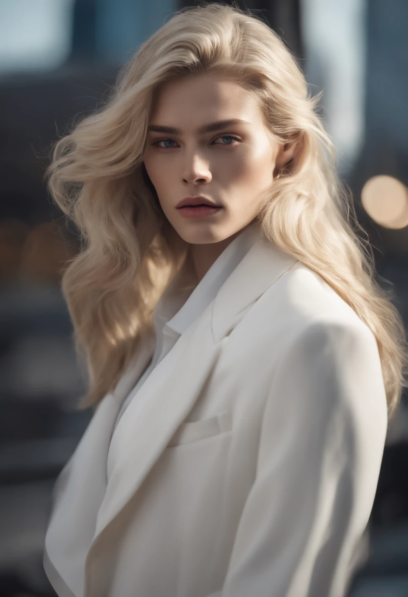 Masterpiece, Highest quality, (solofocus), (Perfect face:1.1), (High detail:1.1), (hyper detail eyes), Dramatic, (1人:0.5), (Pale skin), Long blonde hair, Ethereal eyes, (Light eyebrows), Solo, Long hair, Jordan Barrett, Moon, Night, white luxury suit, covered navel, pouty lips, fur, proud expression, Futuristic city, Detailed background, Art germ, Cinematic lighting, rosette, Fashion, BalenciagaStyle